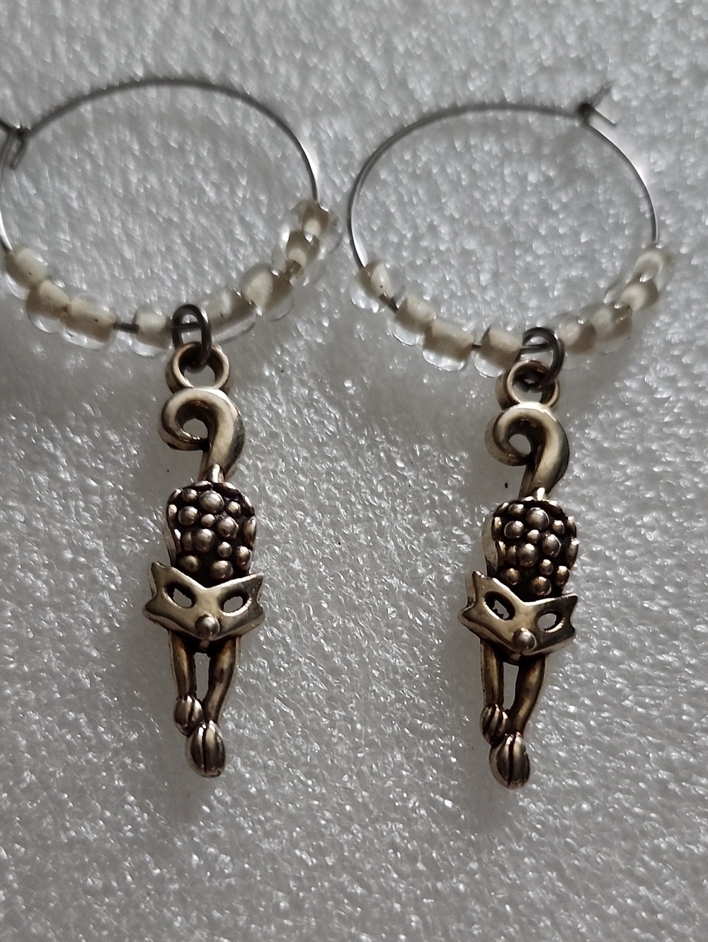 Hand Crafted Silver Fox Charm Hoop Earrings with Cream Beads